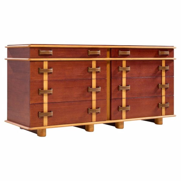 paul frankl for johnson furniture mid century leather, birch and maple station wagon dresser