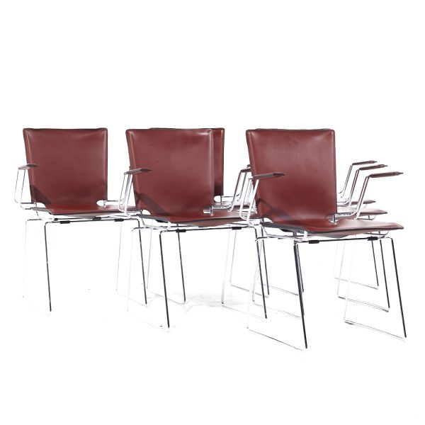 hiroyuki toyoda for icf mid century leather and chrome dining chairs - set of 6