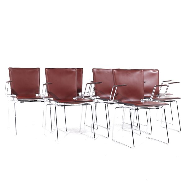 hiroyuki toyoda for icf mid century leather and chrome dining chairs - set of 8