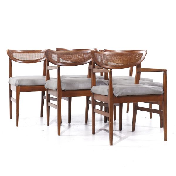 american of martinsville mid century walnut and cane back dining chairs - set of 6