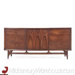 Broyhill Brasilia Mid Century Walnut and Brass 9 Drawer Lowboy Dresser