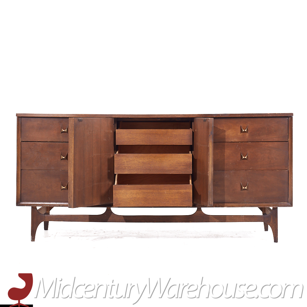 Broyhill Brasilia Mid Century Walnut and Brass 9 Drawer Lowboy Dresser