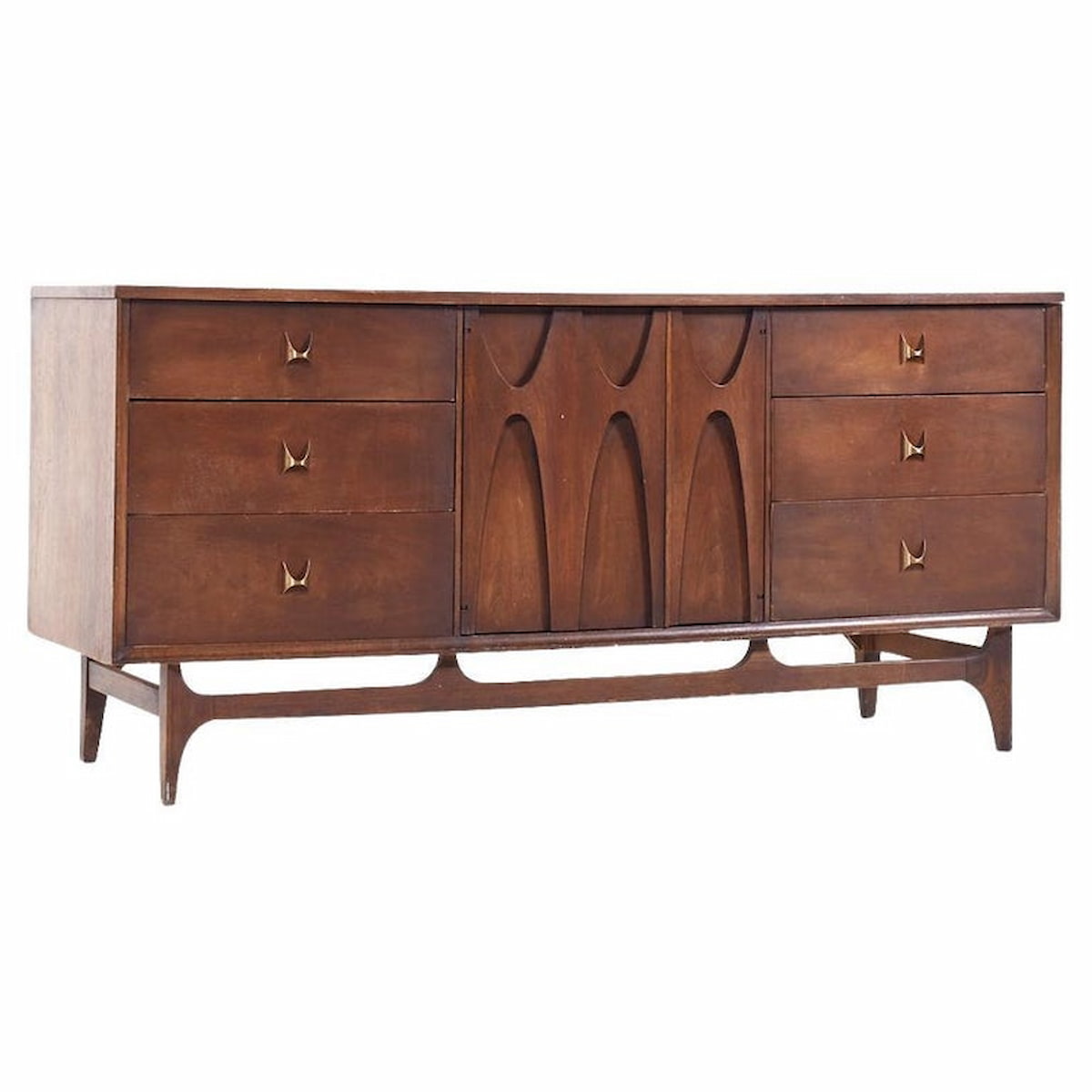 Broyhill Brasilia Mid Century Walnut and Brass 9 Drawer Lowboy Dresser