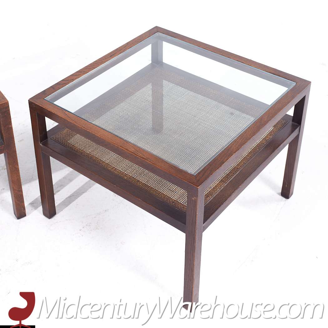 Founders Style Mid Century Oak, Cane and Glass End Tables - Pair