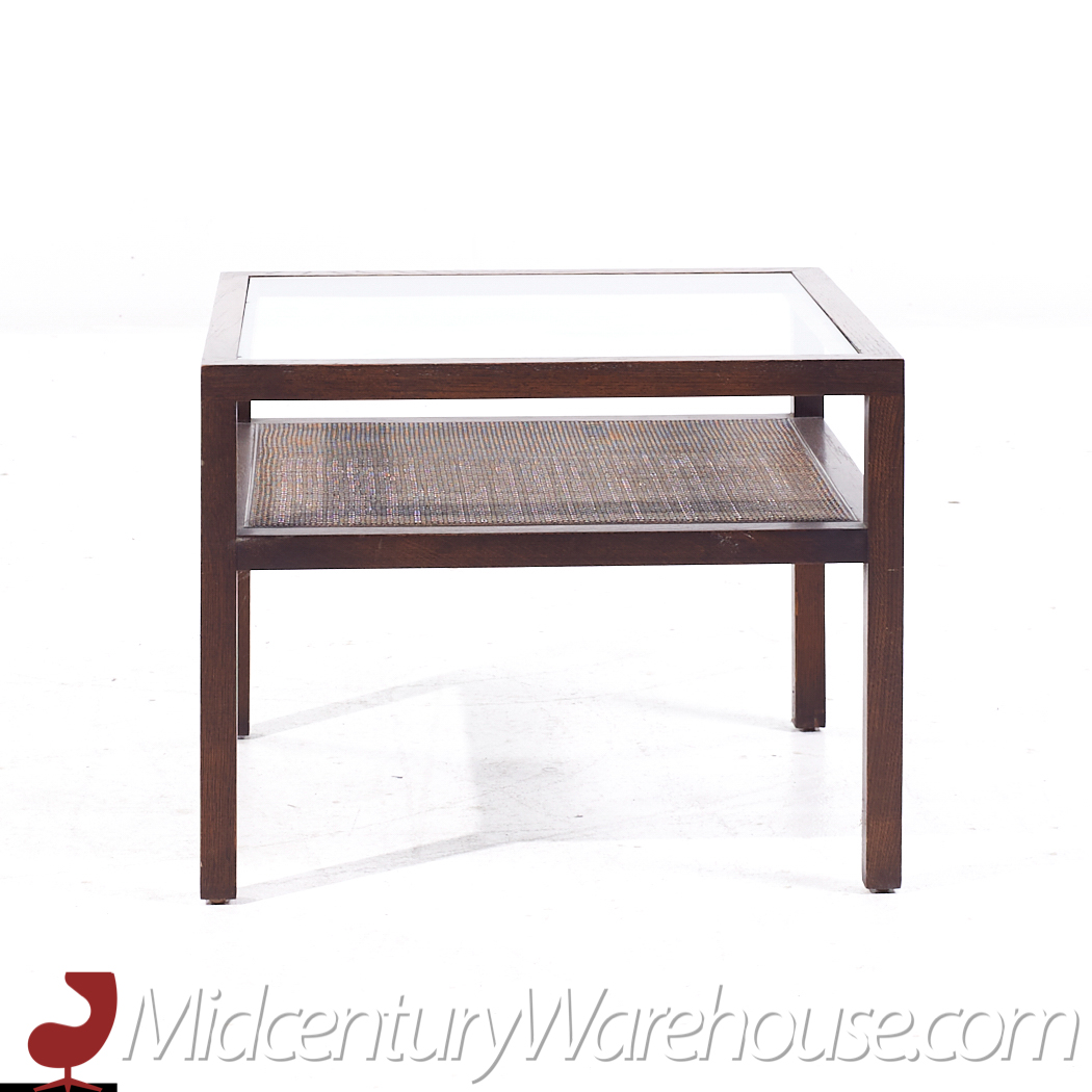 Founders Style Mid Century Oak, Cane and Glass End Tables - Pair