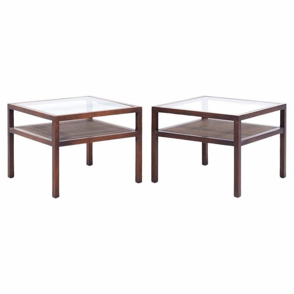 founders style mid century oak, cane and glass end tables - pair