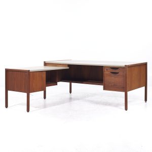 jens risom mid century walnut and leather top corner desk