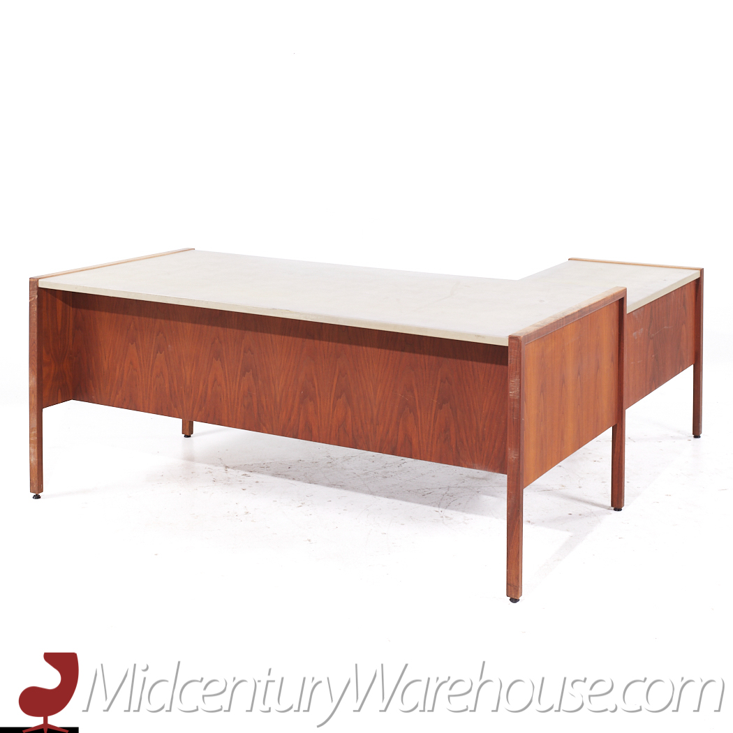 Jens Risom Mid Century Walnut and Leather Top Corner Desk