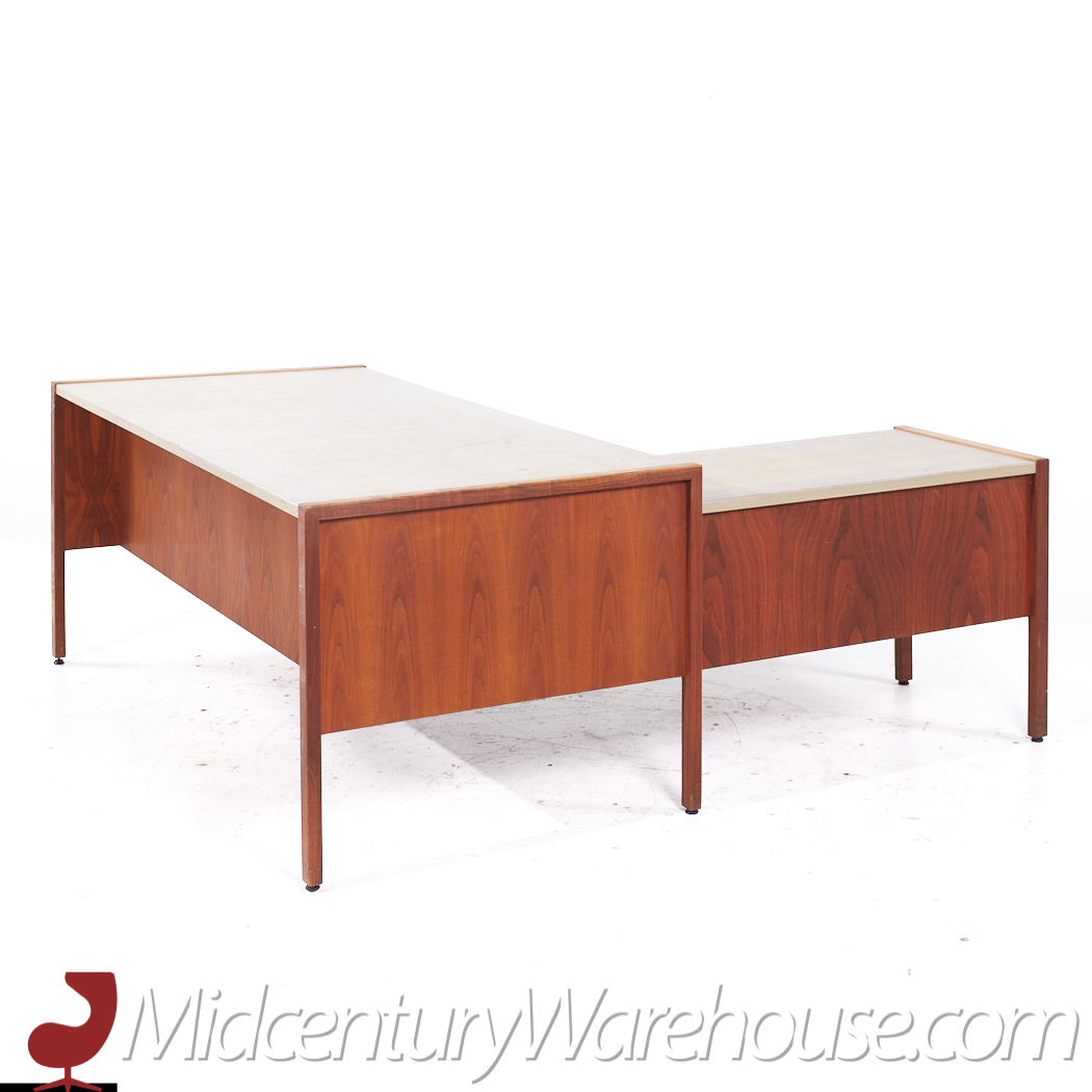 Jens Risom Mid Century Walnut and Leather Top Corner Desk