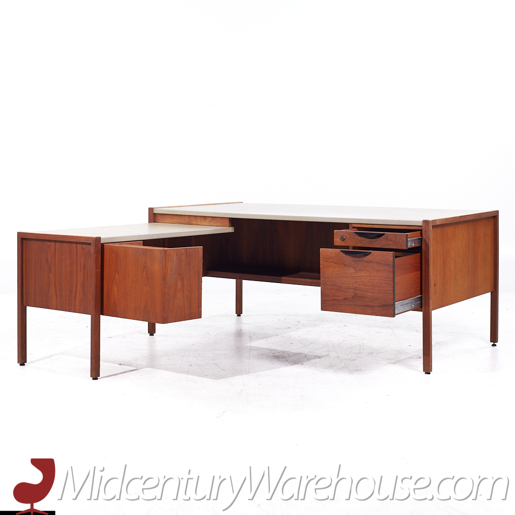 Jens Risom Mid Century Walnut and Leather Top Corner Desk