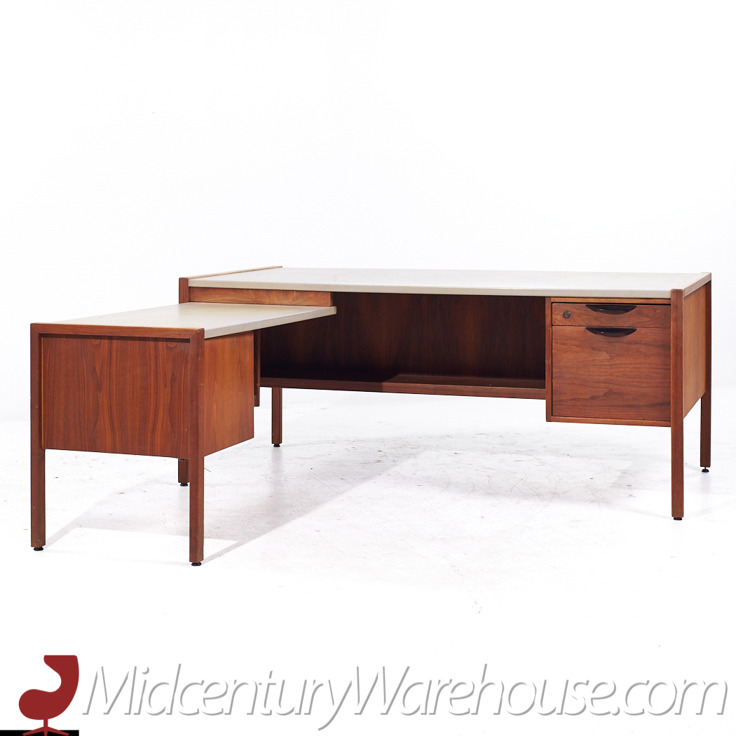 Jens Risom Mid Century Walnut and Leather Top Corner Desk