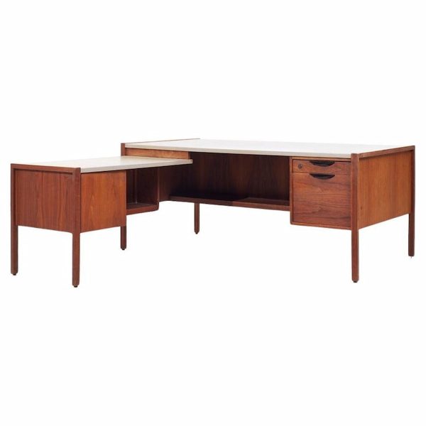 jens risom mid century walnut and leather top corner desk