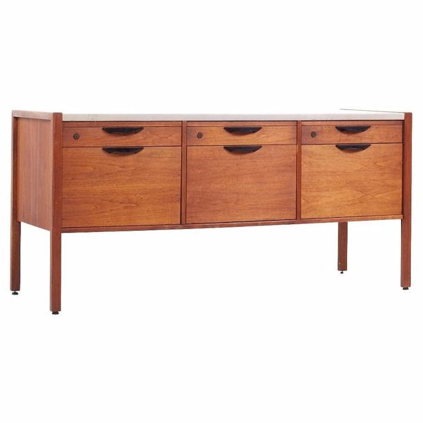 jens risom mid century walnut and leather top credenza