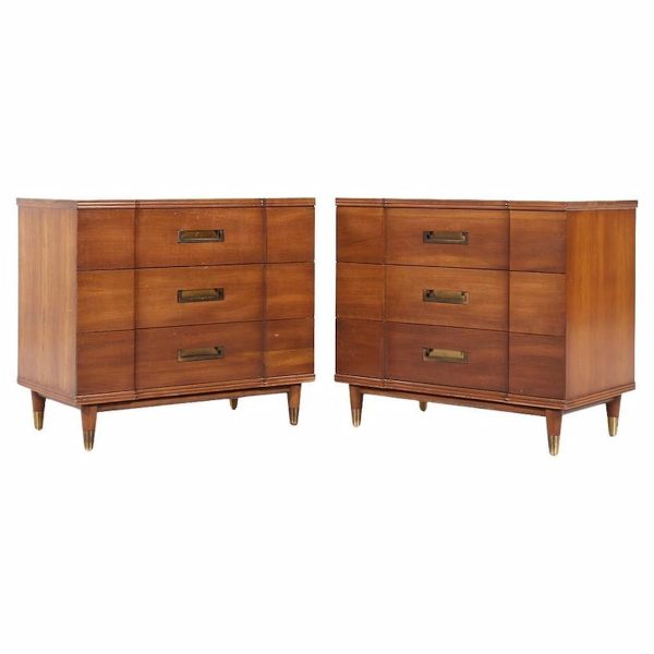 john widdicomb mid century walnut and brass chest of drawers - pair