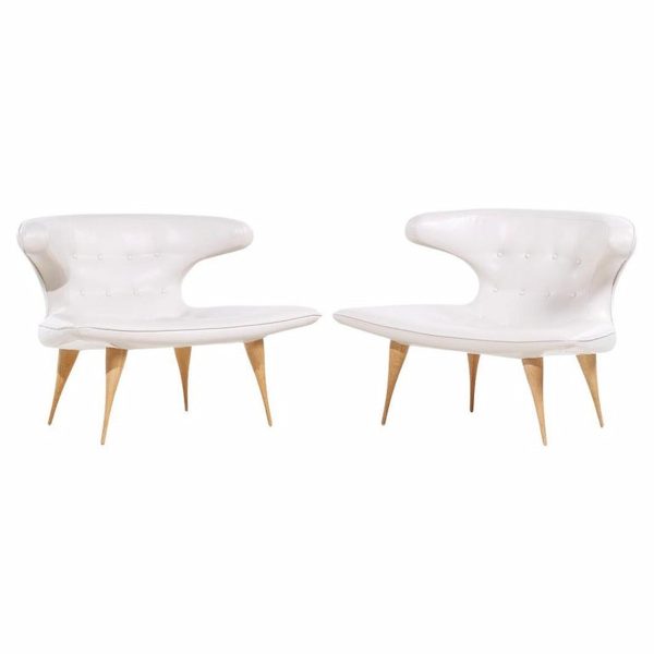 karpen of california mid century white leather horn lounge chairs - pair
