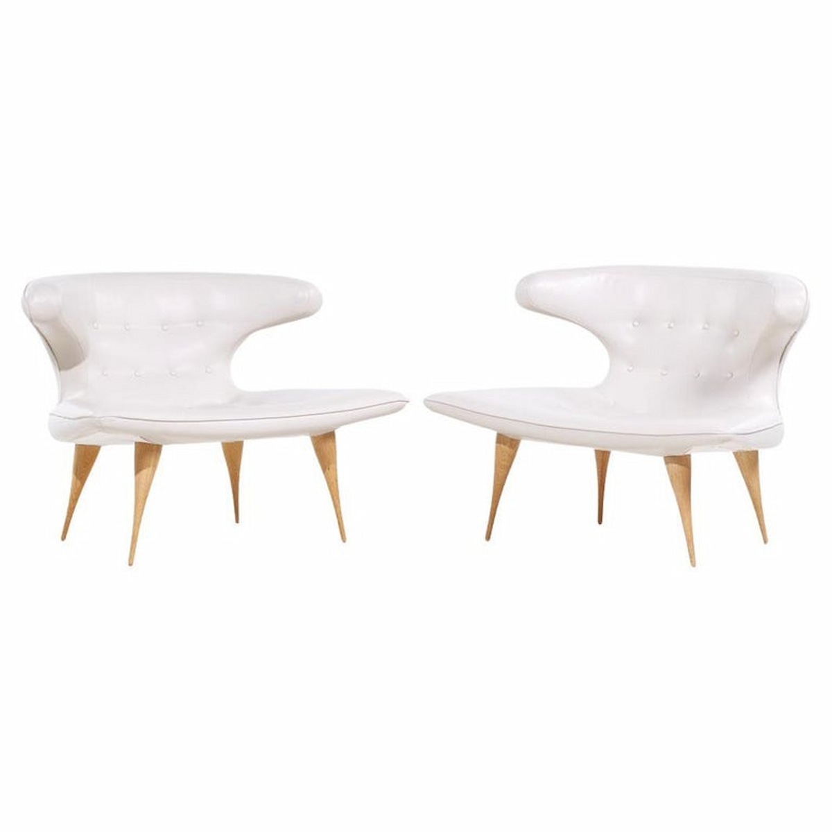 Karpen of California Mid Century White Leather Horn Lounge Chairs - Pair