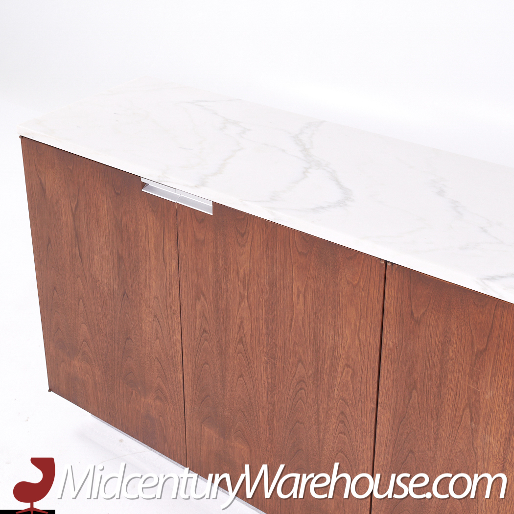 Knoll Style Mid Century Walnut and Carrara Marble Top Credenza