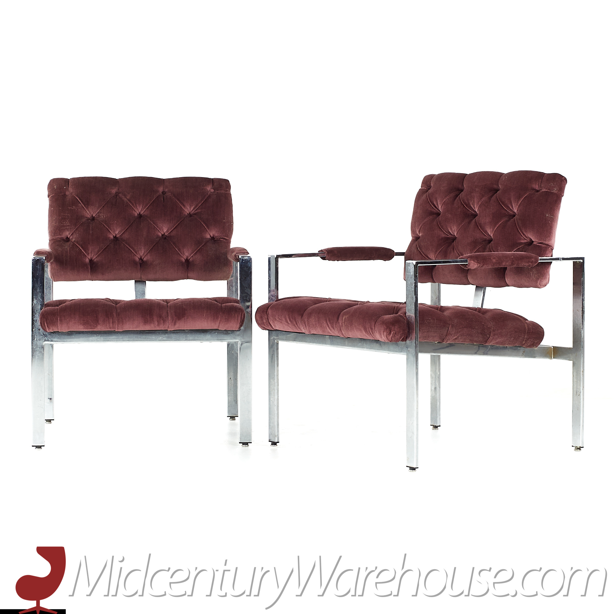 Milo Baughman for Thayer Coggin Chrome Tufted Arm Chairs - Pair