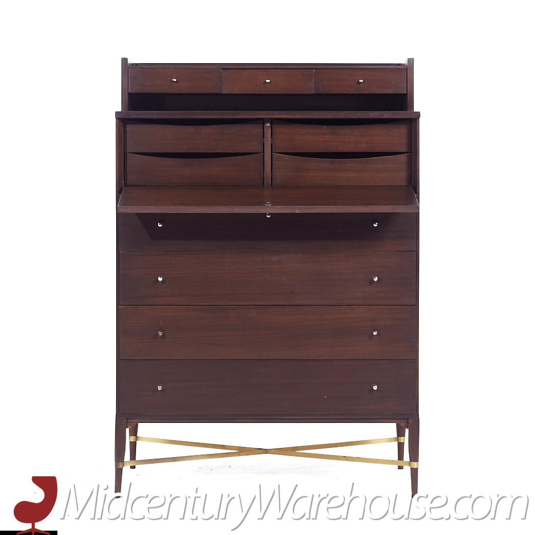 Paul Mccobb for Calvin Mid Century Mahogany and Brass Highboy Dresser