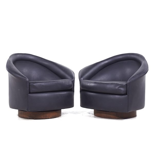 Adrian Pearsall for Craft Associates Mid Century Walnut Base Swivel Lounge Chairs - Pair