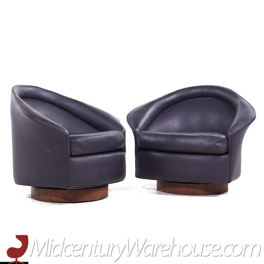 Adrian Pearsall for Craft Associates Mid Century Walnut Base Swivel Lounge Chairs - Pair