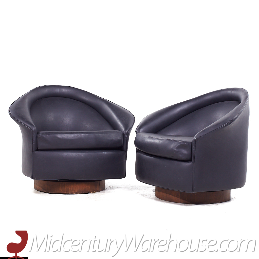 Adrian Pearsall for Craft Associates Mid Century Walnut Base Swivel Lounge Chairs - Pair