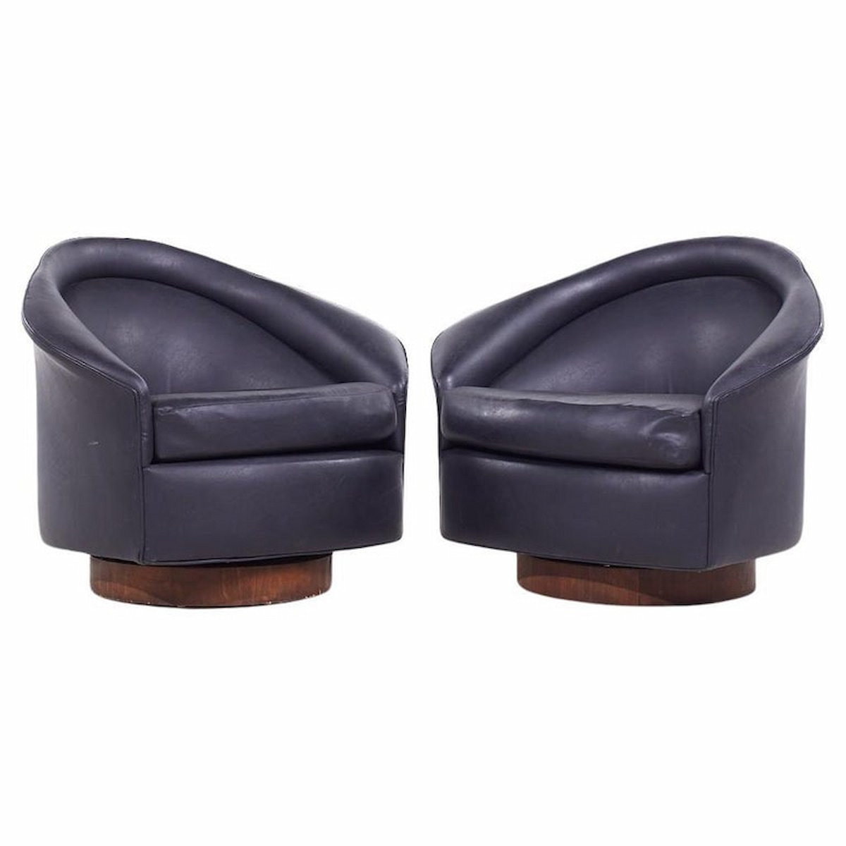 Adrian Pearsall for Craft Associates Mid Century Walnut Base Swivel Lounge Chairs - Pair