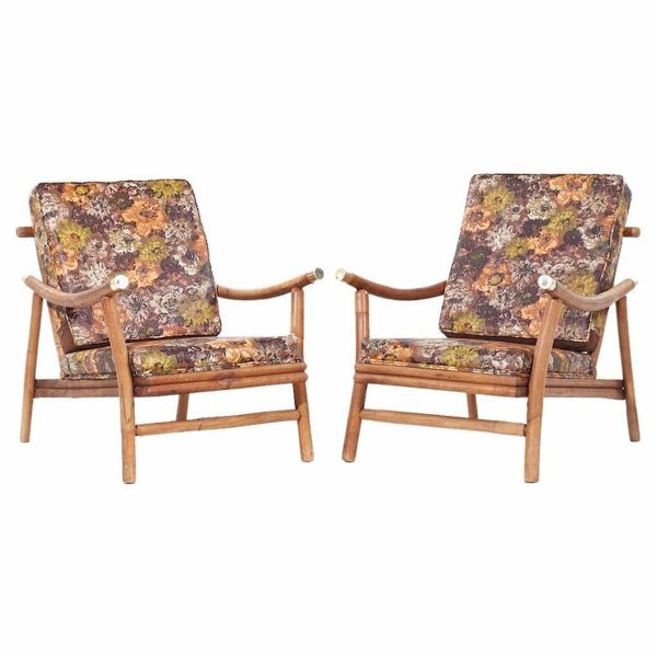 John Wisner for Ficks Reed Mid Century Brass and Rattan Pagoda Lounge Chairs - Pair
