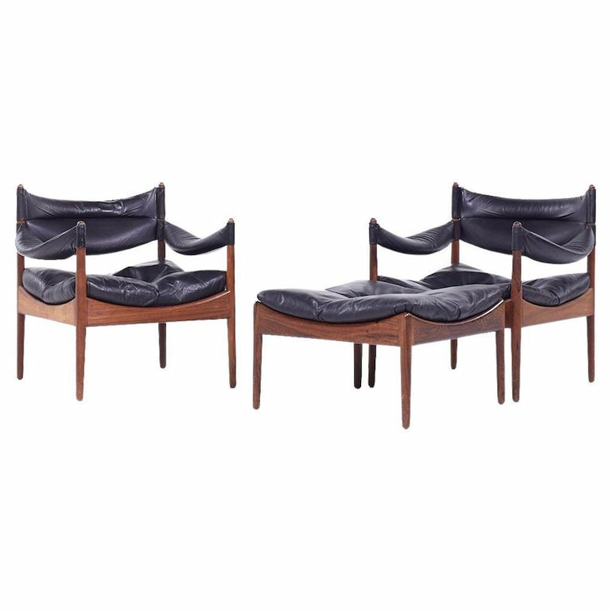 Kristian Vedel for Willadsen Møbelfabrik Modus Mid Century Danish Rosewood and Leather Lounge Chairs with Ottoman