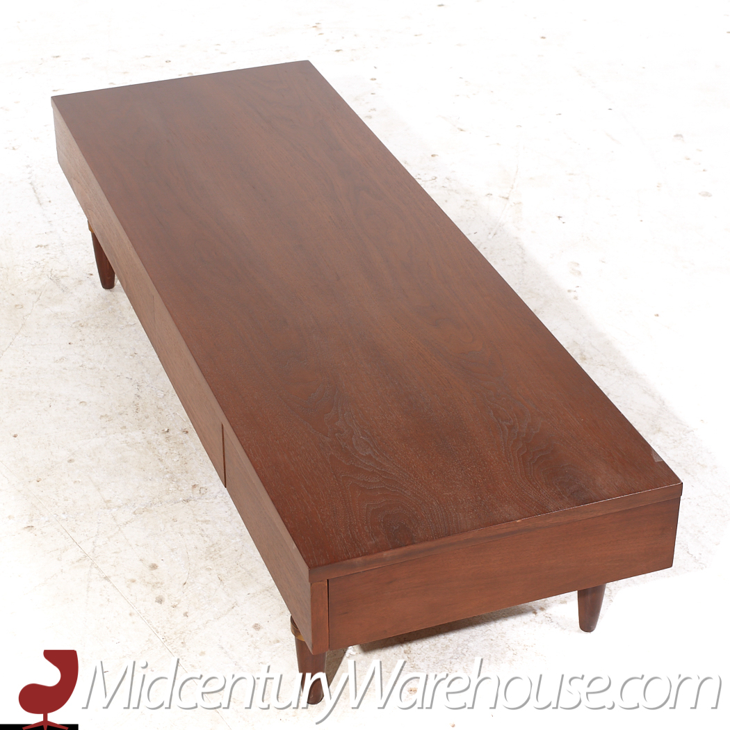 American of Martinsville Dania Mid Century Walnut and Brass 3-drawer Bench