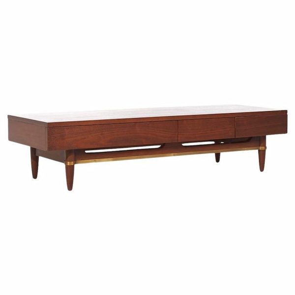 American of Martinsville Dania Mid Century Walnut and Brass 3-drawer Bench