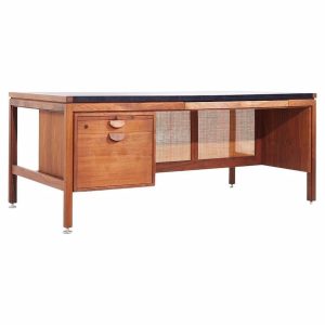 Jens Risom Mid Century Walnut, Cane and Leather Executive Desk