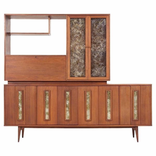 John Keal for Brown Saltman Style Mid Century Walnut Bar Media Console Credenza with Hutch