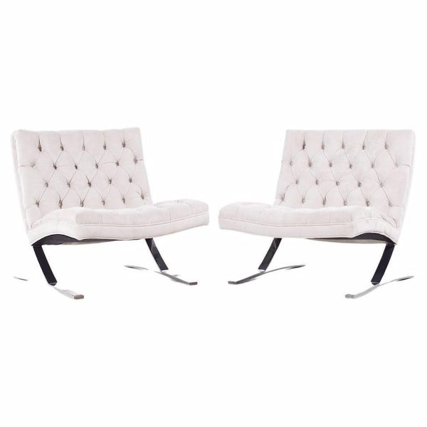 Kipp Stewart for Directional Mid Century Chrome Frame Tufted Cantilever Lounge Chairs - Pair