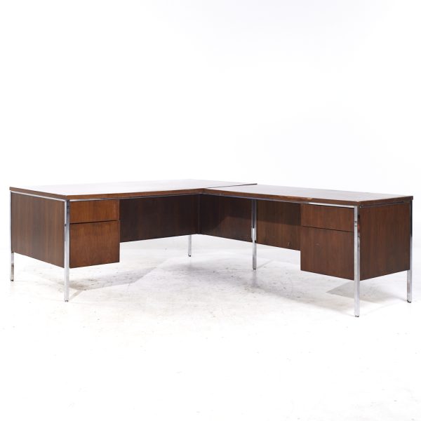 Leopold Mid Century Walnut and Chrome Corner Executive Desk