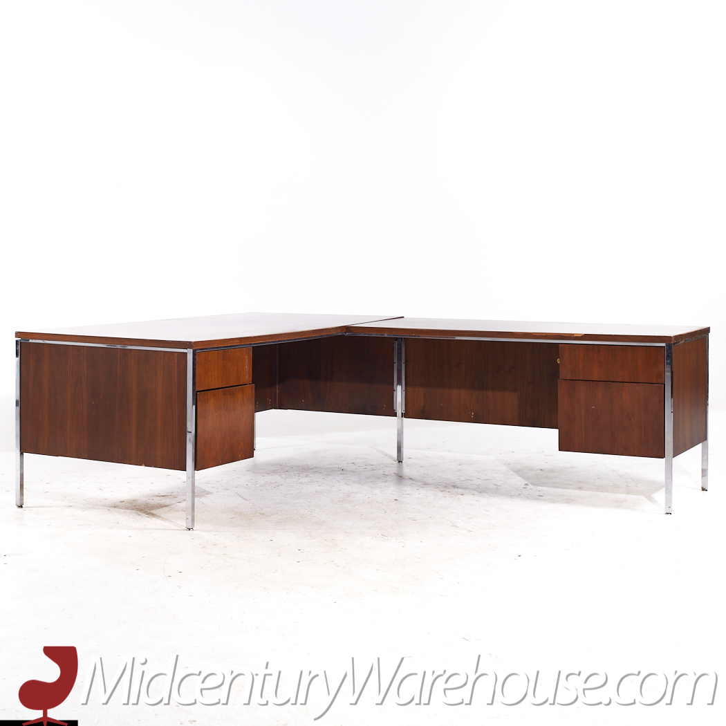 Leopold Mid Century Walnut and Chrome Corner Executive Desk