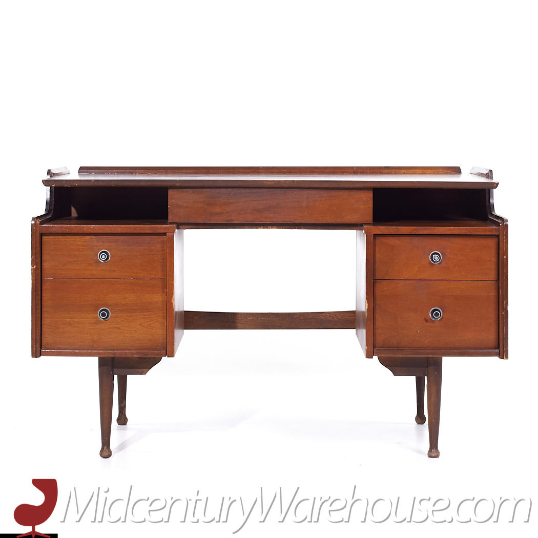 Mainline by Hooker Mid Century Walnut Double Pedestal Floating Top Desk