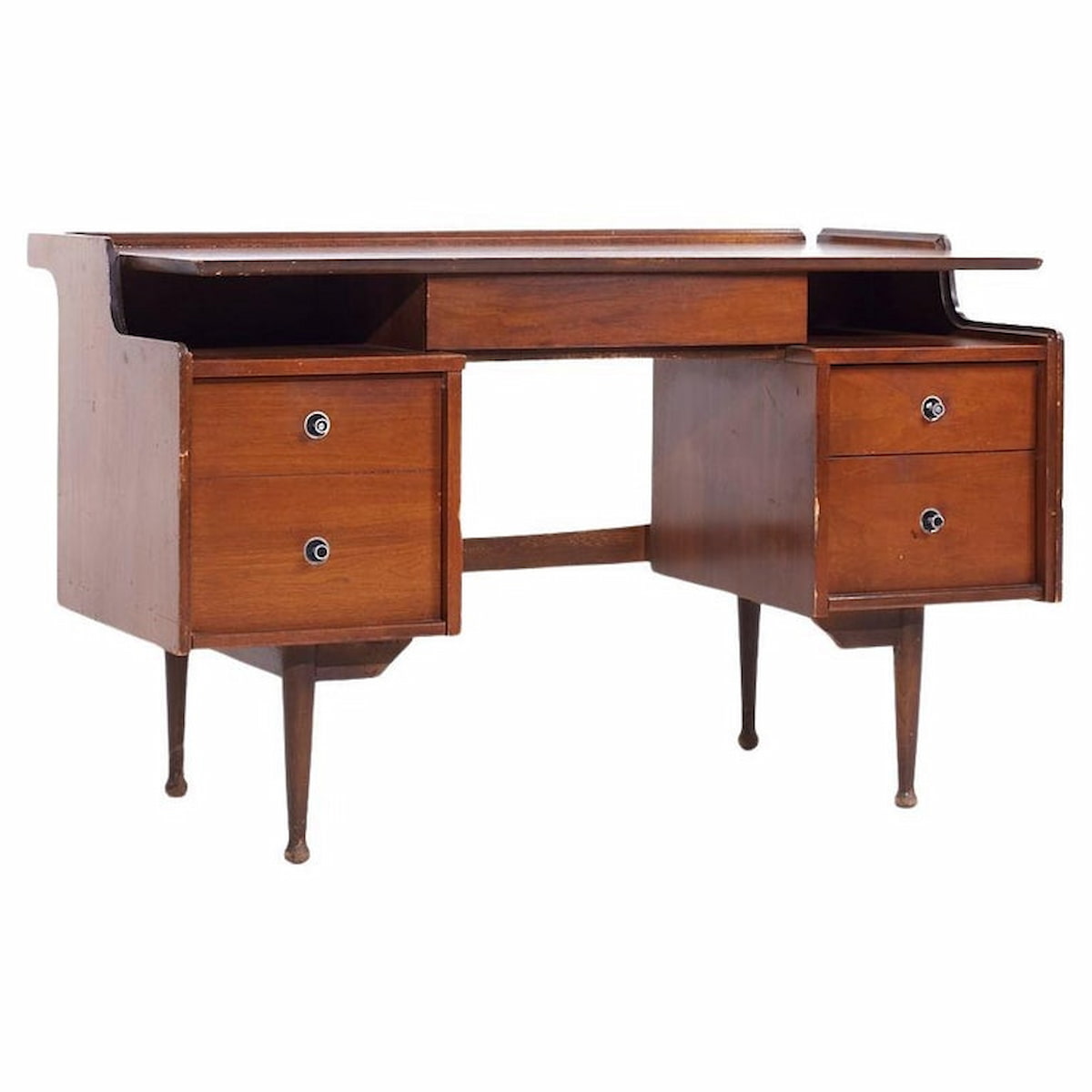 Mainline by Hooker Mid Century Walnut Double Pedestal Floating Top Desk