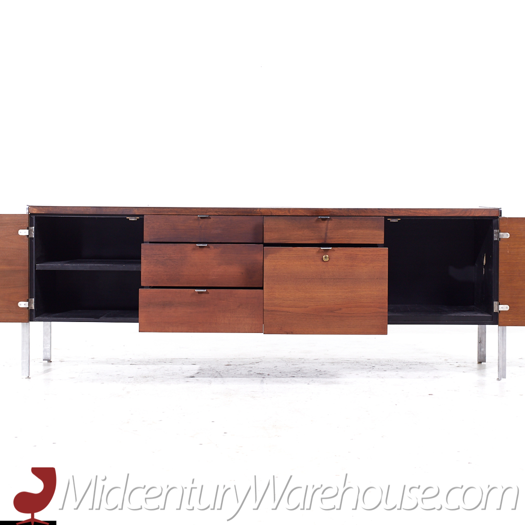 Stow Davis Mid Century Leather Walnut and Chrome Credenza