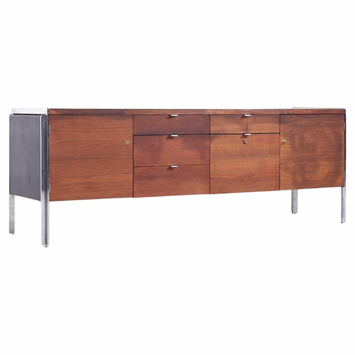 Stow Davis Mid Century Leather Walnut and Chrome Credenza