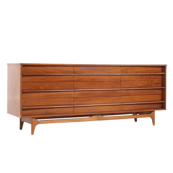 Young Manufacturing Mid Century Walnut Curved Lowboy Dresser
