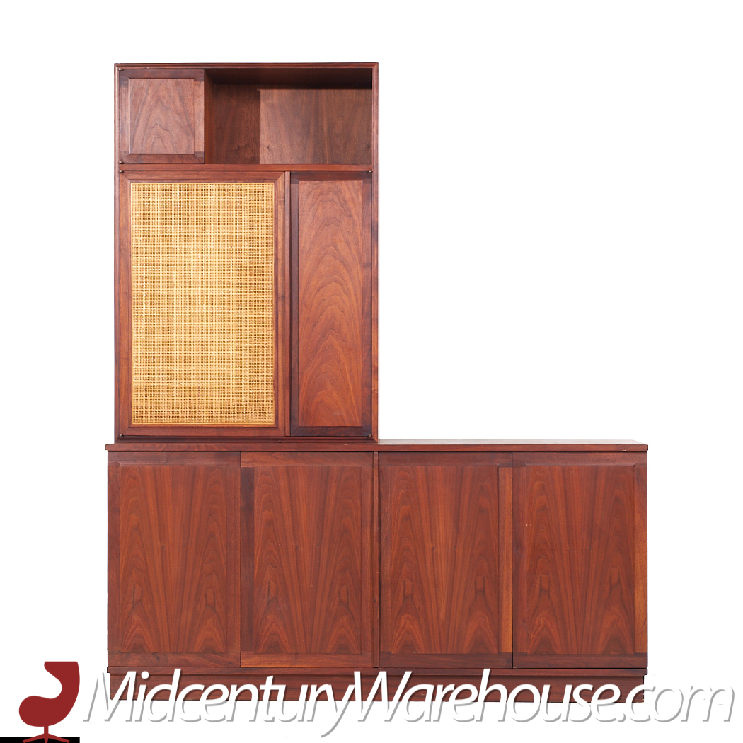 Jack Cartwright for Founders Mid Century Walnut and Cane Credenza and Hutch