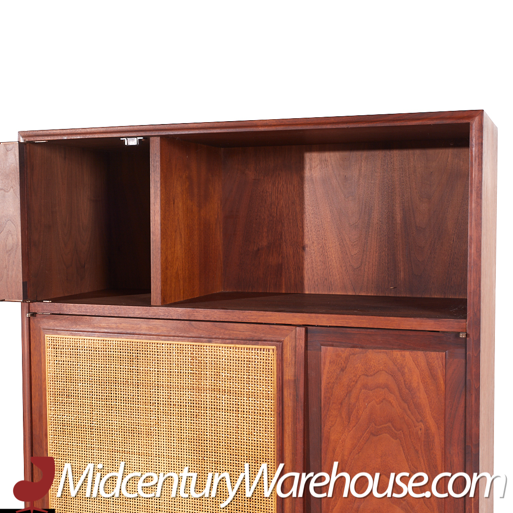 Jack Cartwright for Founders Mid Century Walnut and Cane Credenza and Hutch