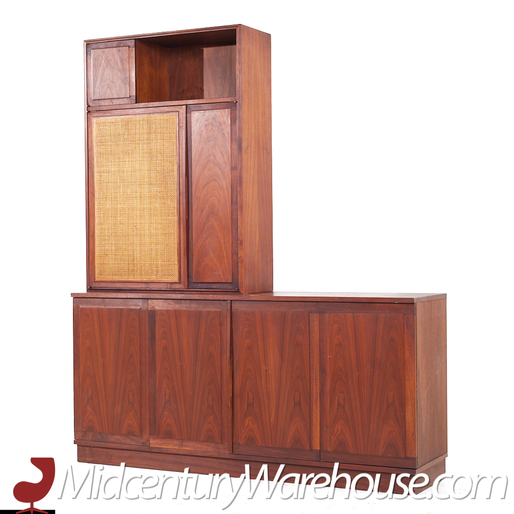 Jack Cartwright for Founders Mid Century Walnut and Cane Credenza and Hutch