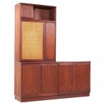 Jack Cartwright for Founders Mid Century Walnut and Cane Credenza and Hutch