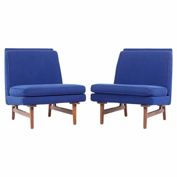 jens risom mid century walnut slipper lounge chairs - pair