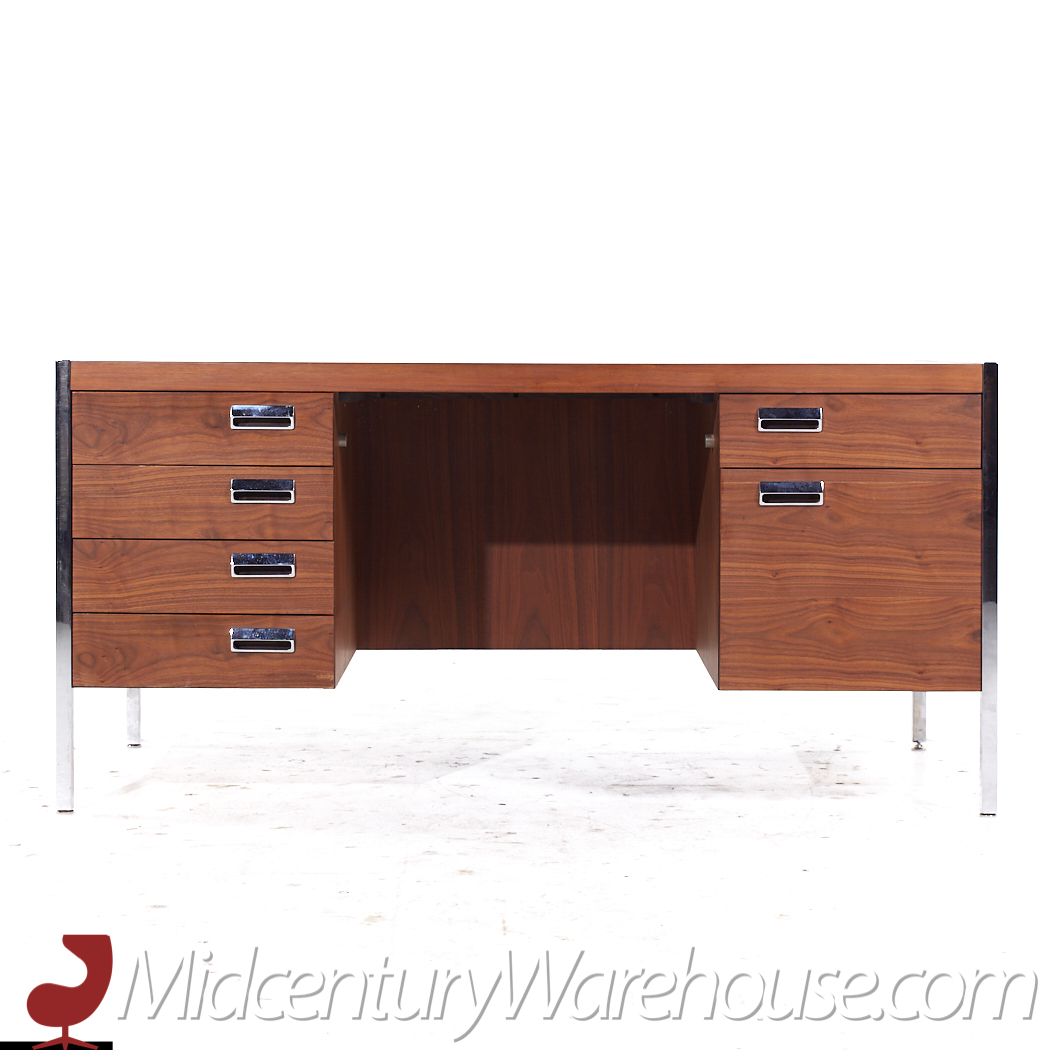 Knoll Style Mid Century Chrome and Walnut Executive Desk