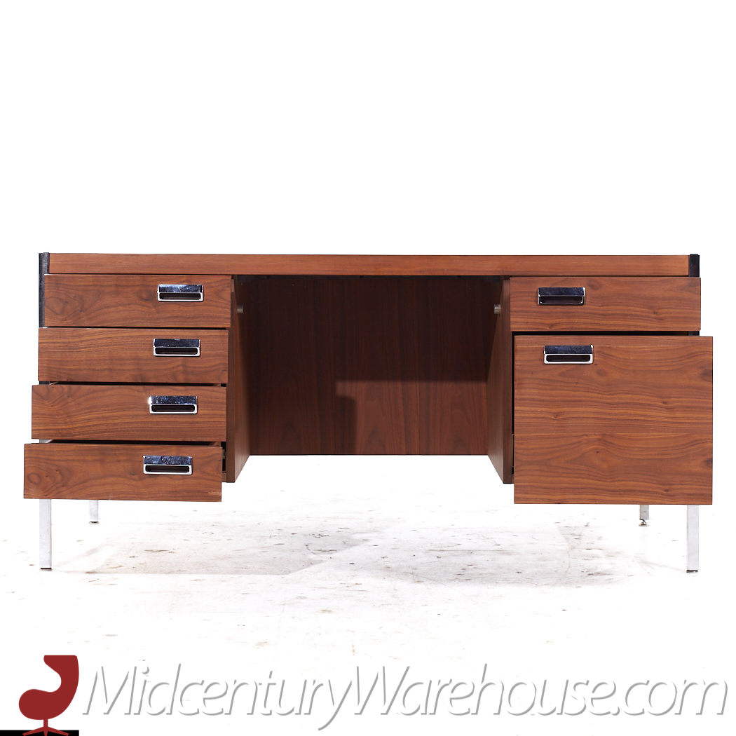 Knoll Style Mid Century Chrome and Walnut Executive Desk