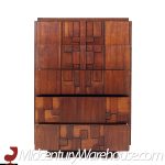 Lane Stacatto Brutalist Mid Century Walnut Highboy Dresser