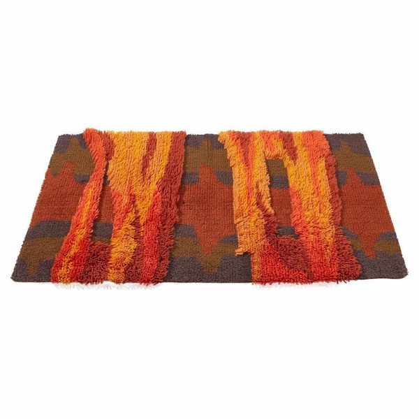 mid century scandinavian high pile red and orange rya rug